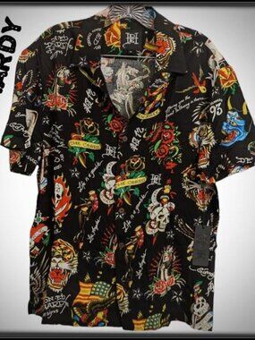 New ED HARDY AOP Black Flashboard Camp Button Up Shirt Skull Lion Tattoo Men M